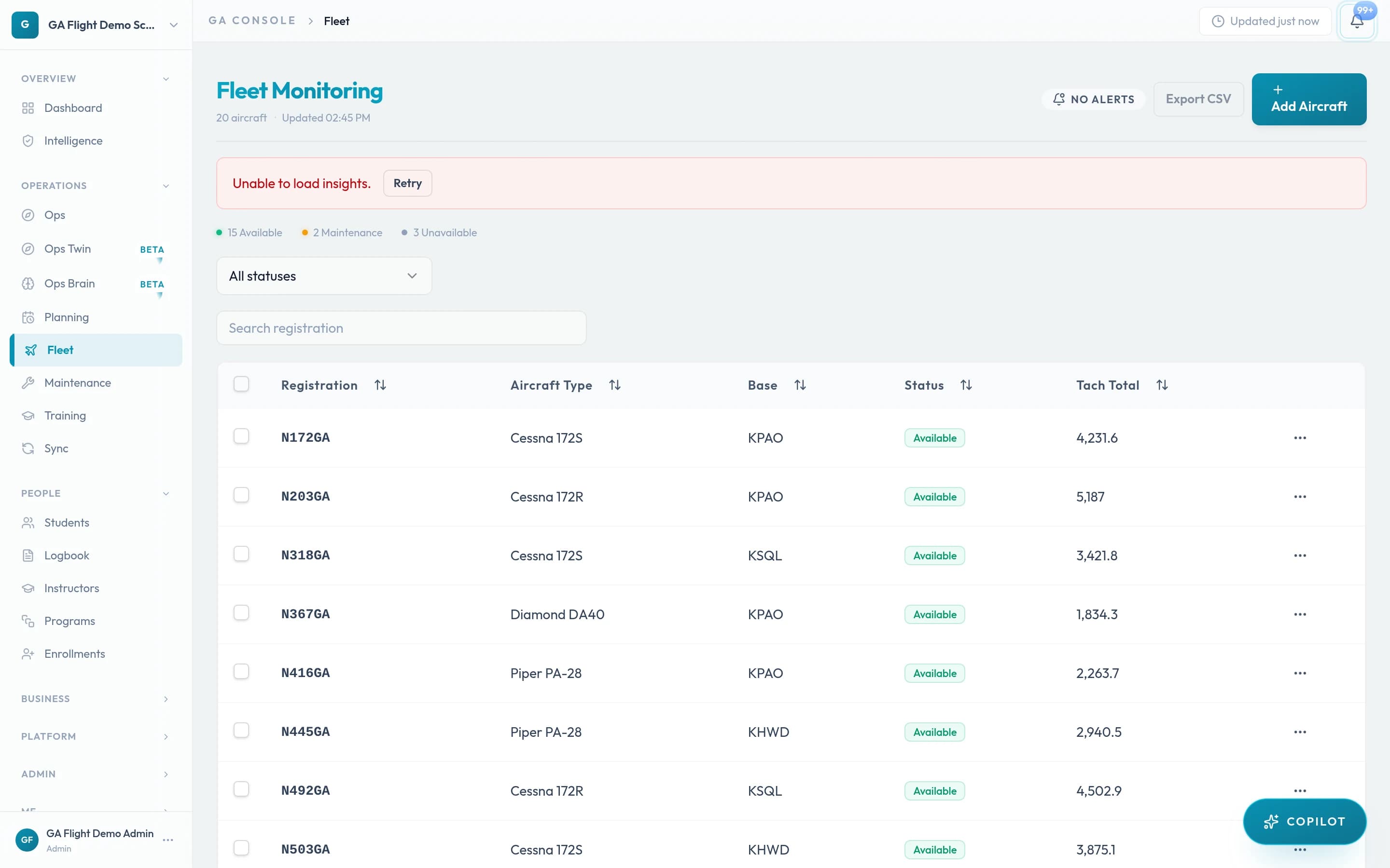 GA Flight fleet monitoring with 20 aircraft, registrations, and tach totals